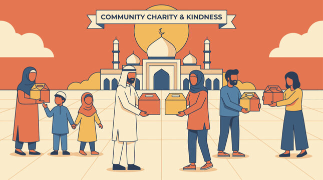 Community charity and kindness vector illustration. Muslim and diverse people distributing food boxes in front of beautiful mosque building.
