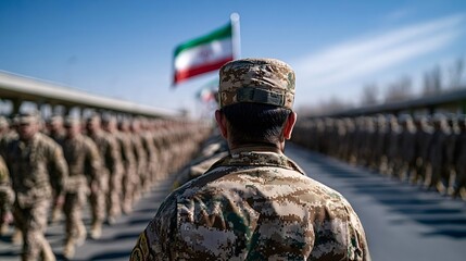 Fototapeta premium Iranian soldier standing during military parade with national flag