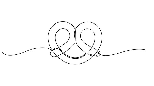Animated self drawing of single one line drawing pretzels are stacked, Full length one line animation illustration for bakery and pastry store, Silhouette bread salty German snack icon. minimal.