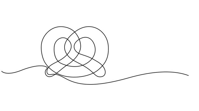 Animated self drawing of single one line drawing pretzels are stacked, Full length one line animation illustration for bakery and pastry store, Silhouette bread salty German snack icon. minimal.