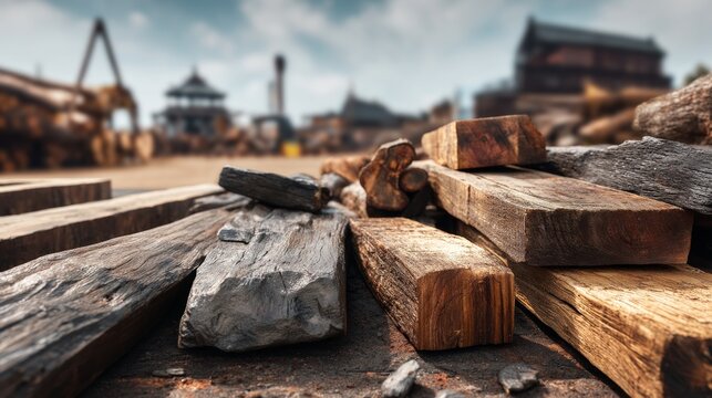 Close-up view of vintage rough wooden beam pile in historical outdoor workshop