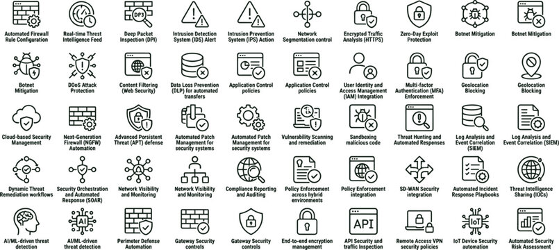 Cybersecurity and Threat Detection Line Icon Set Featuring Network Protection and Advanced Security Management Systems