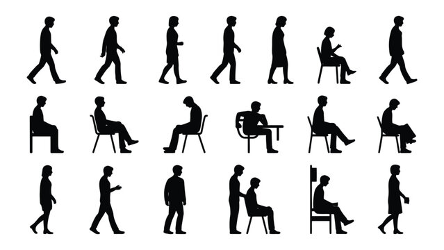 Set of black silhouette icons showing various human sitting and walking postures