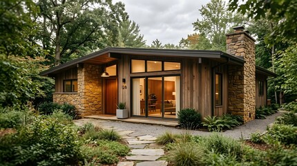 Fototapeta premium Modern rustic cabin architecture set in lush natural forest