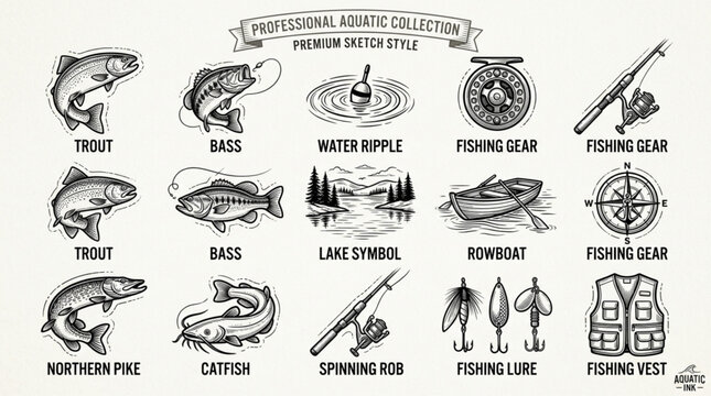 Fishing Equipment and Fish Illustration Collection.