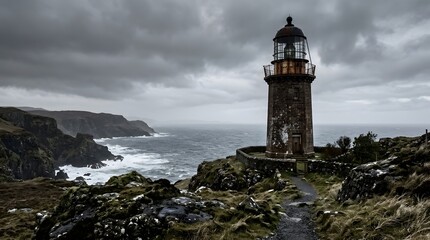 Obraz premium Moody Coastal Lighthouse on Cliff Overlooking Dramatic Rough Sea