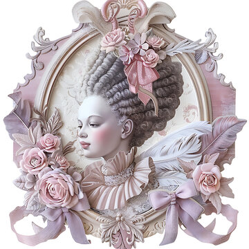 Elegant rococo lady relief portrait with delicate pink flowers and ribbons