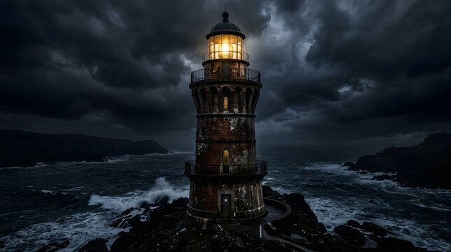 Moody lighthouse at sea under dramatic stormy sky