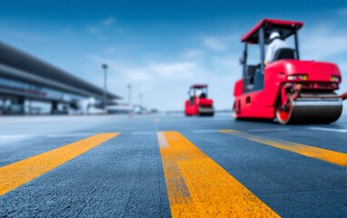Fototapeta premium Red Asphalt Roller Working on Road Surface with Yellow Marking Line