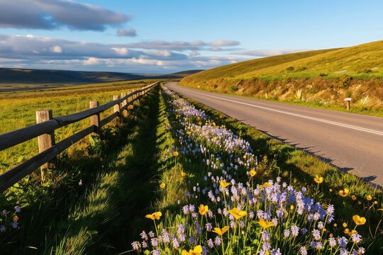 Roadside lined with yellow and purple wildflowers borders green fields under a blue sky with clouds. A wooden fence runs alongside the empty paved road. Sun illuminates the landscape.