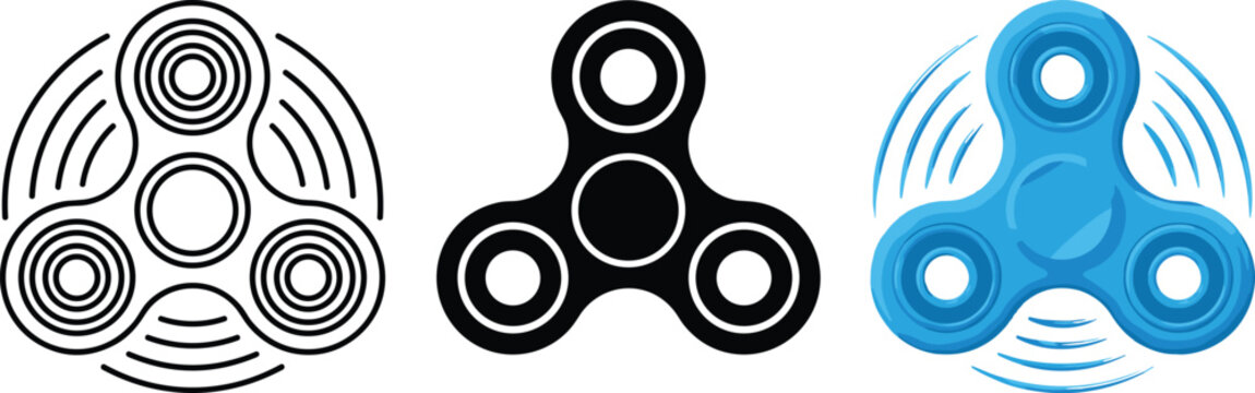 Fidget Spinner Vector Set Featuring Black, White, and Blue Spinners with Motion Lines for Toys, Stress Relief, and Digital Illustrations