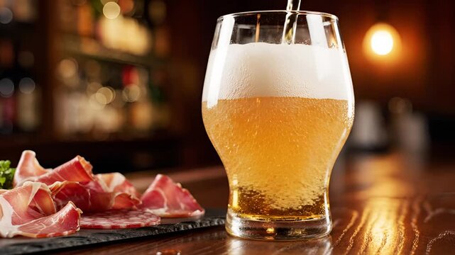Pouring Refreshing Beer into a Glass with Prosciutto Appetizer on Bar.