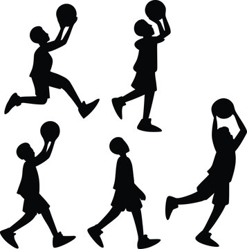 Basketball Players Shooting and Posing Black Silhouette Set