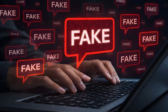 Fake news and misinformation on social media. Malicious disinformation and Clickbait content. Man using laptop computer to spread false information.