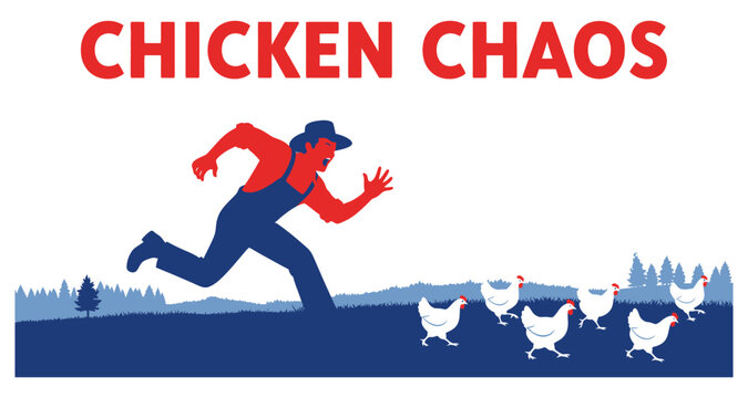 Farmer chases chickens during rural morning with farm landscape Vector Silhouette Isolated on white background