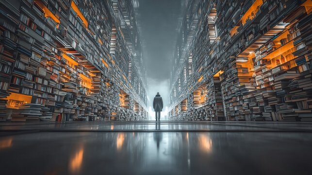 Man standing in immense futuristic library corridor with glowing shelves
