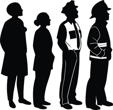 First Responders and Healthcare Workers Standing in Line Silhouette