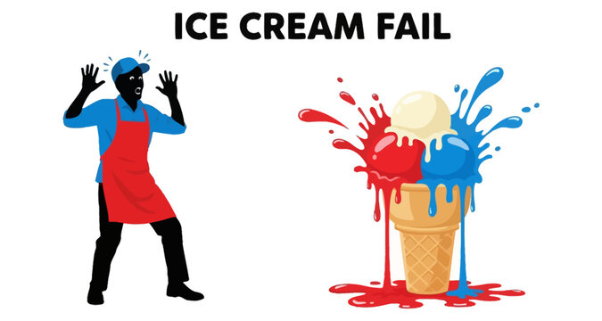 Food service worker dismayed by melting ice cream cone during summer heat Isolated on white background