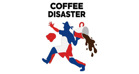 Fototapeta premium Man spilling coffee with hat in motion during morning rush concept vector silhouette isolated on white background