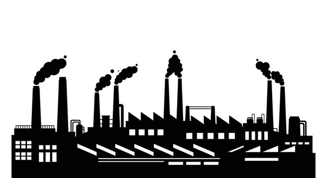 Industrial Factory Silhouette with Smokestacks.