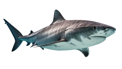 Fototapeta premium Tiger shark with dark stripes and white belly, isolated on transparent background