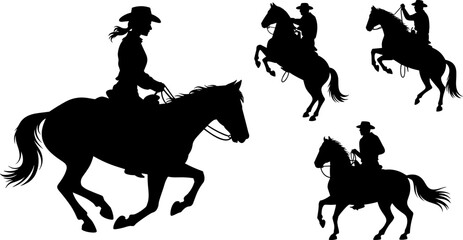 Fototapeta premium Cowboy and Cowgirl Silhouette Set Riding Rearing and Galloping Horses in Wild West Style for Western Rodeo Graphic Designs and Signs