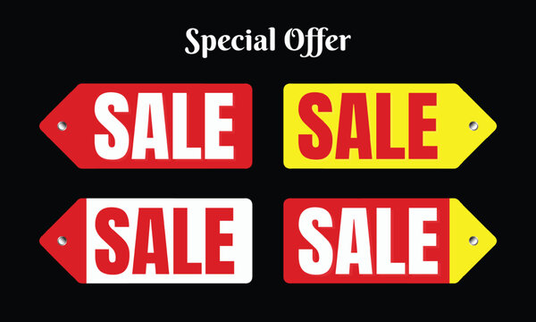 Multiple sale banners in red and yellow with special offer text on black background