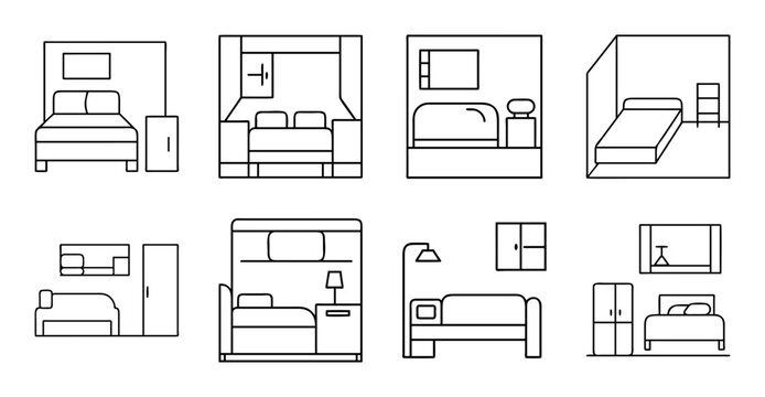 Minimalist bedroom layout vector icons set - Eight simple vector icons showing different minimalist bedroom layouts and furniture arrangements for design inspiration.