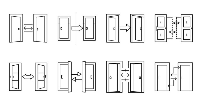 Double doors opening and closing icon set - Minimalist vector icons showing double doors opening, closing, and sliding in various styles for web and graphic design use
