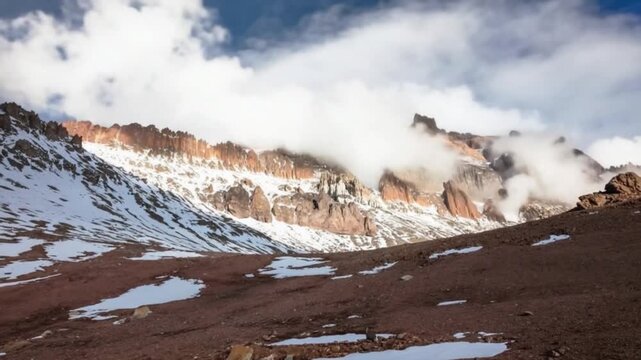 Aconcagua, a mountain in the Andes Mountains between Chile and Argentina. Time lapse.