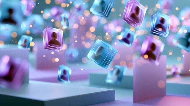 A floating composition of glowing softly defocused digital recruiter icons hovers above a clean bright pastel platform with soft matching panels hiring technology faceless