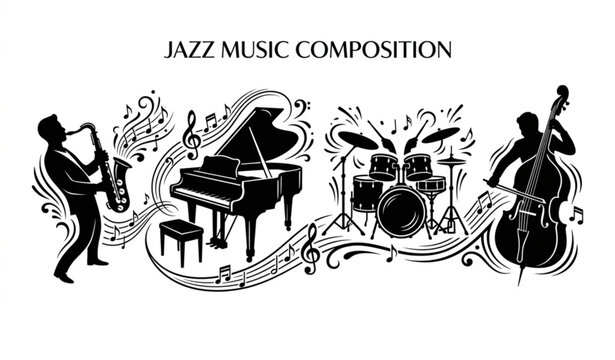 Elegant jazz ensemble vector illustration with saxophone drums piano and double bass isolated on white