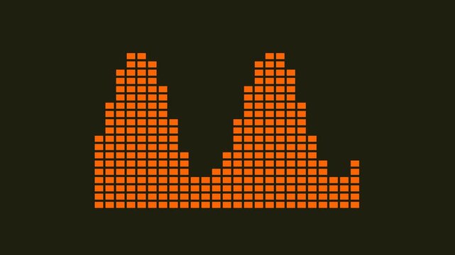 Orange retro pixel digital soundwave graphic element or column bar graph equalizer on dark background.