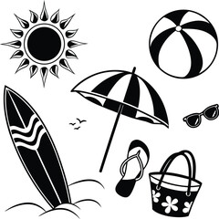 Fototapeta premium Summer Vacation Beach Elements and Icons Silhouette Set