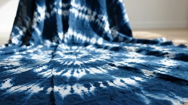 Elegant Blue Tie-Dye Fabric Draped in Smooth Waves on a Soft Background