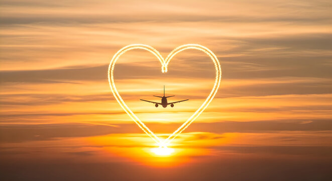 An airplane flies through a heart-shaped contrail against a beautiful sunset sky.