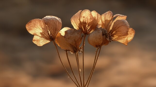 Close-up of a Bundle of Dried Brittle Flower Heads Tied Together with Thin String, Illuminated by Warm Sunlight