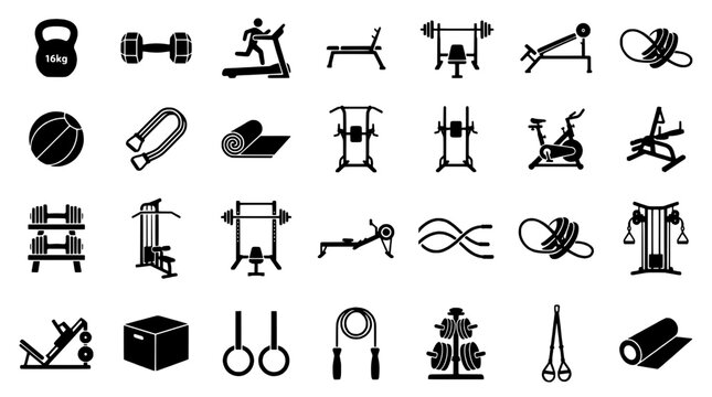 Fitness equipment set with various workout tools and machines featuring exercise, gym, dumbbells with kettlebell and treadmill elements for bench