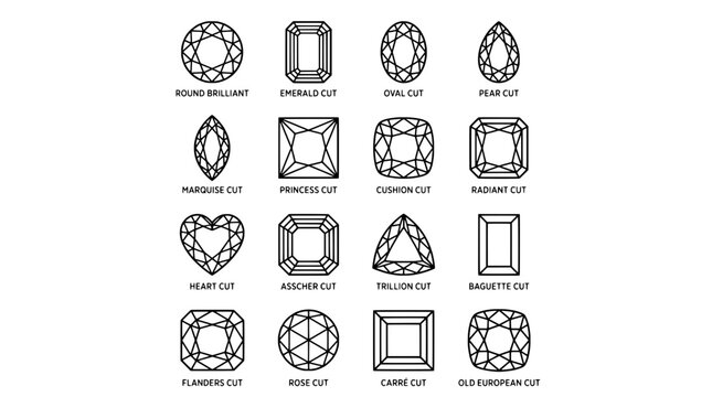 Gemstone cut icons set with geometric facets, outlines, and clean line art for jewelry design and valuation