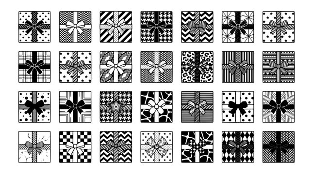Gift box icons pattern with black white ribbon bows and check zigzag stripes for holiday wrapping and stickers