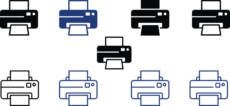 Printer device icons set with office printing symbols for document management and digital workspace design concepts