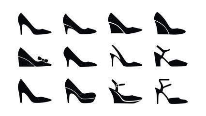 Obraz premium Collection of various stylish women high heel shoe silhouettes isolated design vector graphics