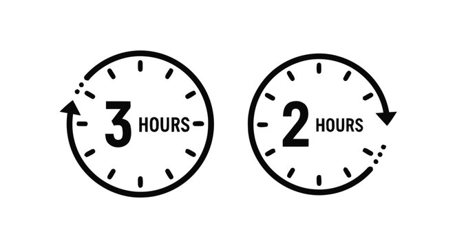 Vector illustration of set of clock icons with 3 hours and 2 hours duration on a transparent background