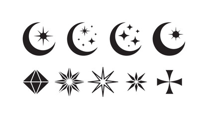 Mystical crescent moon and star symbols set with celestial geometric shapes and ornaments. © Joynab