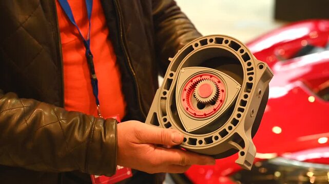 An engineer holds a model of a rotary engine and demonstrates how it works.