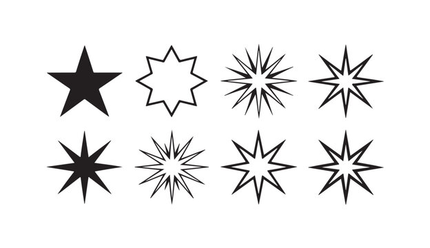 Set of eight star icons, vector illustration of various pointed star shapes.