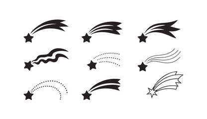 Set of nine shooting stars and comets on transparent background. © Joynab