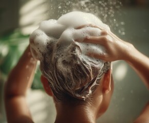 Naklejka premium Woman washing hair with abundant lather in a shower, enjoying a refreshing cleansing routine
