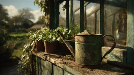 Obraz premium A Vintage Chipped Watering Can and Potted Plants on a Greenhouse Shelf