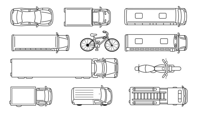 Top view transportation vehicle vector set with cars, trucks, buses, bicycles and motorcycles, thin line transportation icons for city planning, road maps, traffic maps and CAD blueprint design